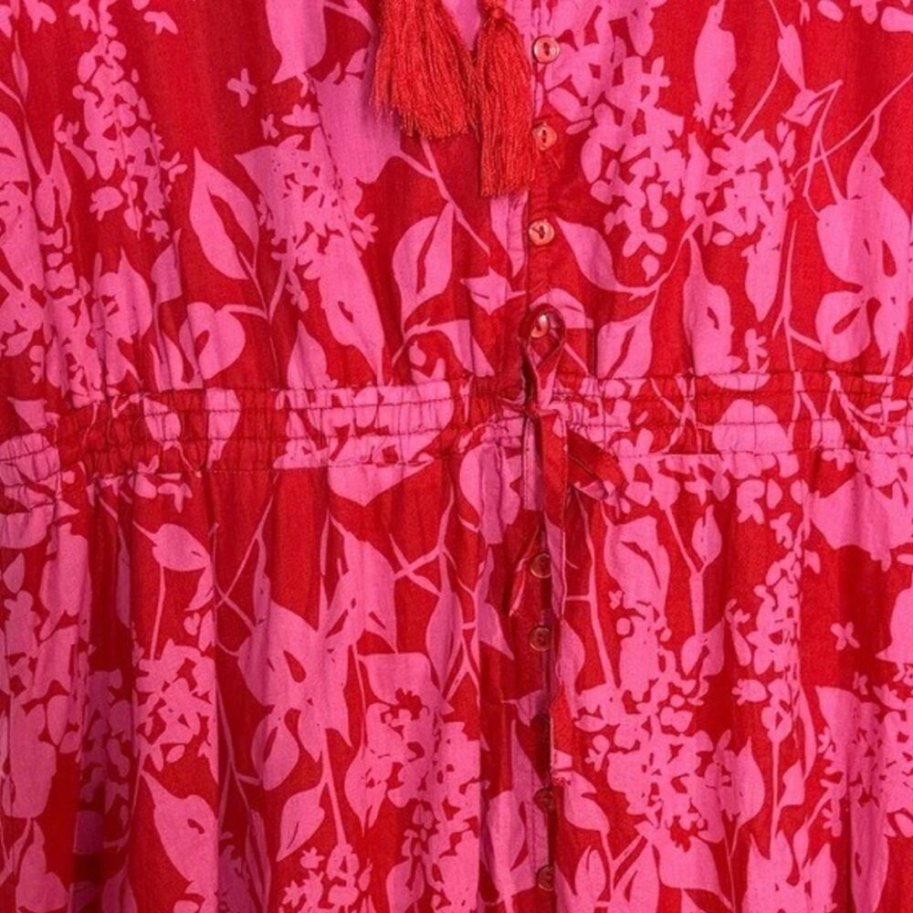 Saks Fifth Avenue Tiered Floral Maxi Dress Elastic Waist Tassel Pink Red - Picture 3 of 4